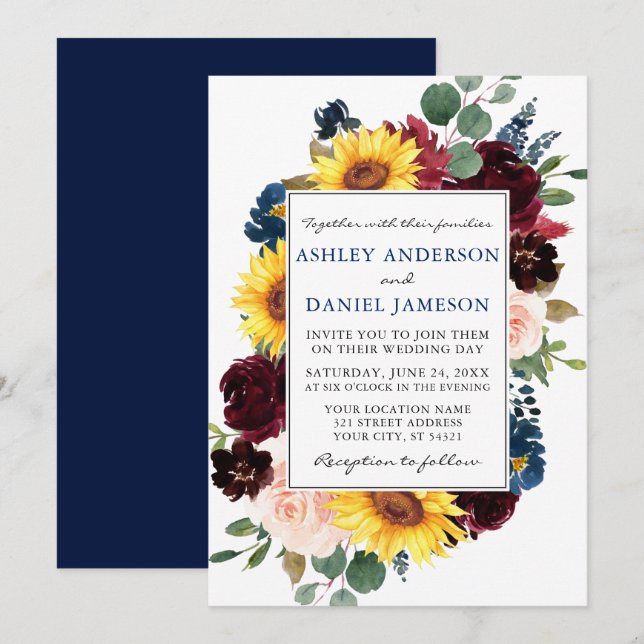 Invitation Aquarelle Mixte Mariage Floral Bleu (Devant / Derrière)