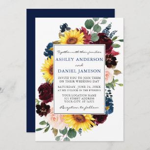 Invitation Aquarelle Mixte Mariage Floral Bleu