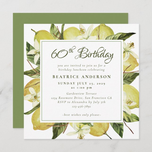 Invitation Aquarelle moderne 60e anniversaire Lemon Botanical (Devant / Derrière)