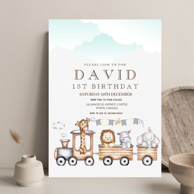 Invitation Aquarelle moderne animal sauvage 1er anniversaire (Créateur téléchargé)