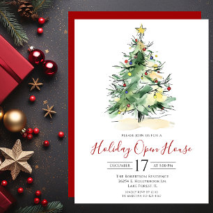 Invitation Aquarelle moderne Arbre de Noël Open House
