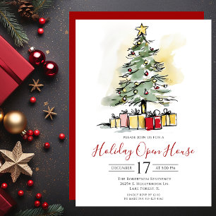 Invitation Aquarelle moderne Arbre de Noël Open House