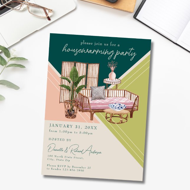 Invitation Aquarelle moderne Art Déco Fête de Ménage (Créateur téléchargé)
