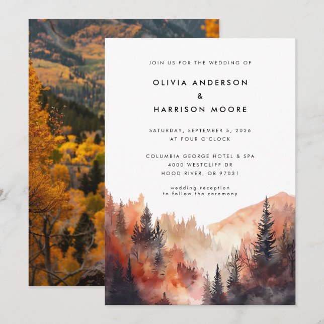 Invitation Aquarelle moderne Automne Mountain Photo Mariage (Devant / Derrière)