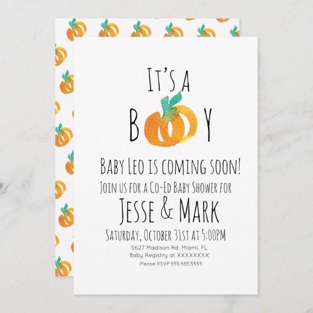 Invitation Aquarelle moderne Baby shower Citrouille minuscule (Devant / Derrière)