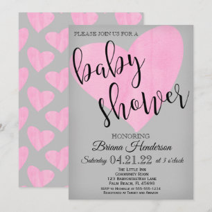 Invitation Aquarelle moderne Baby shower Coeur rose