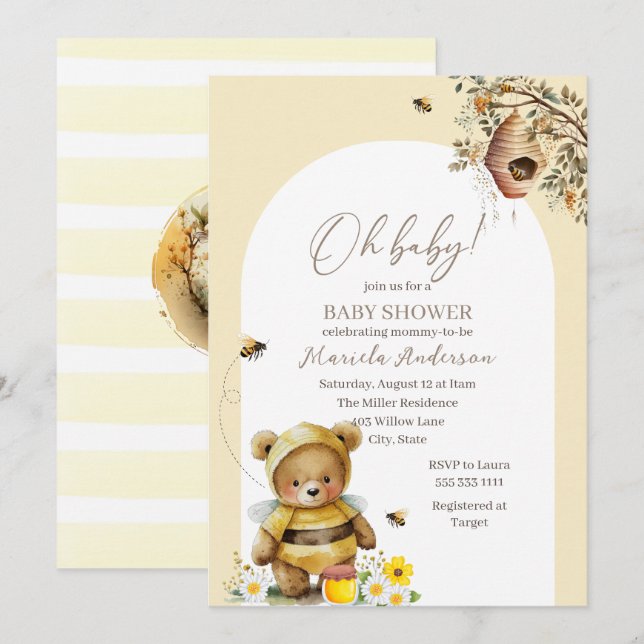 Invitation Aquarelle moderne Baby shower d'abeille douce (Devant / Derrière)