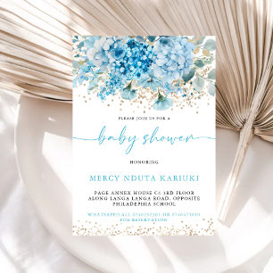 Invitation Aquarelle moderne Baby shower Floral bleu or