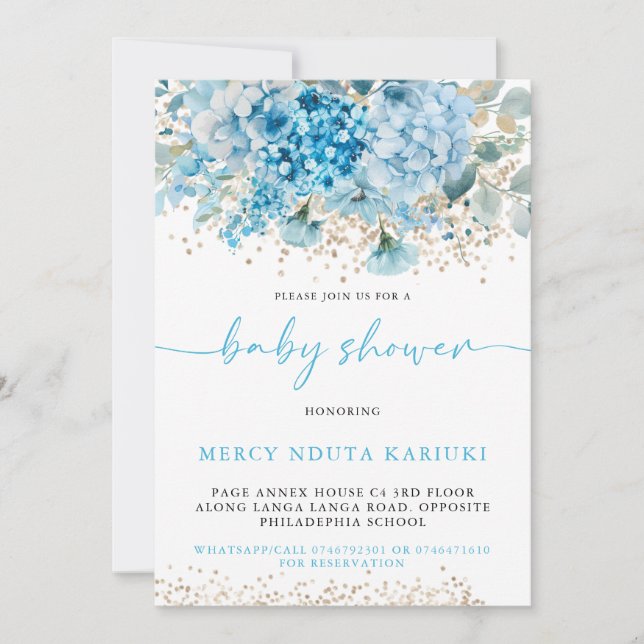 Invitation Aquarelle moderne Baby shower Floral bleu or (Devant)