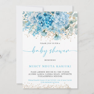 Invitation Aquarelle moderne Baby shower Floral bleu or