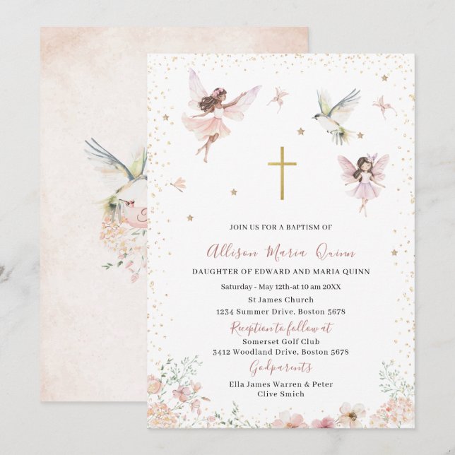 Invitation Aquarelle moderne Baptême Magique Fée Florale Pr (Devant / Derrière)