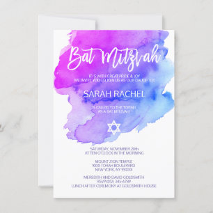 Invitation Aquarelle moderne BAT MITZVAH bleu étoile pourpre