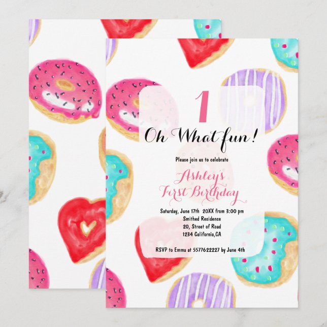 Invitation Aquarelle moderne beignets motif amusement 1er ann (Devant / Derrière)