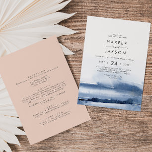 Invitation Aquarelle moderne bleu & broche Mariage avant arri