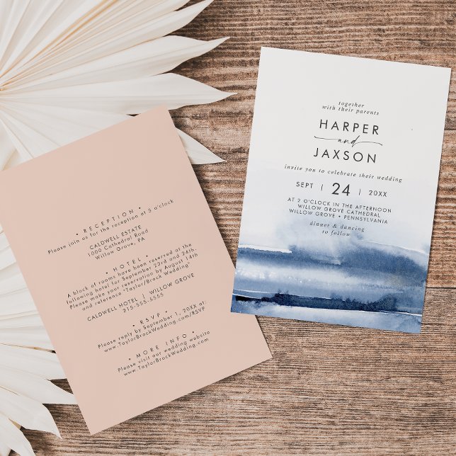 Invitation Aquarelle moderne bleu & broche Mariage avant arri (Créateur téléchargé)