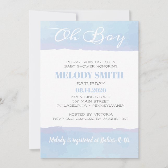Invitation Aquarelle moderne bleu garçon Oh Baby shower de ga (Devant)