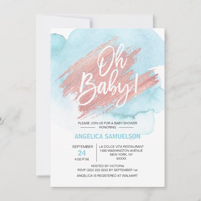 Invitation Aquarelle moderne bleu Rose or Oh Baby shower (Devant)