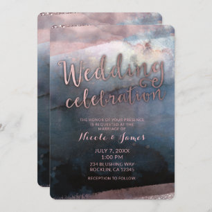 Invitation Aquarelle moderne bleu & Rose or rose Mariage