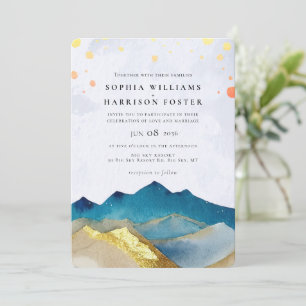 Invitation Aquarelle moderne Blue Gold Mountain Mariage photo