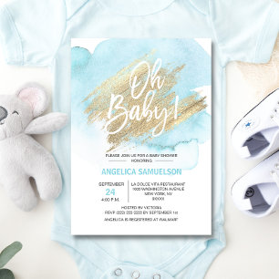 Invitation Aquarelle moderne Blue Gold Oh Baby shower