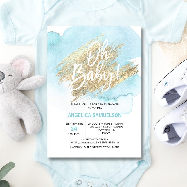 Invitation Aquarelle moderne Blue Gold Oh Baby shower (Créateur téléchargé)