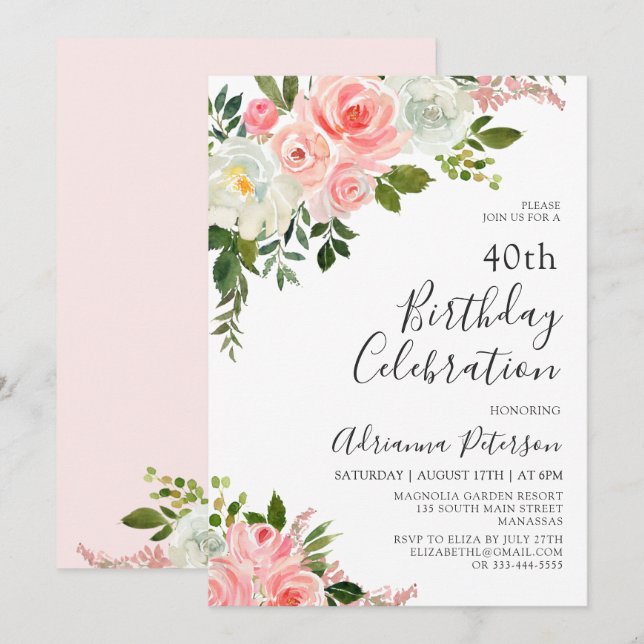 Invitation Aquarelle moderne Blush Rose Floral 40e anniversai (Devant / Derrière)