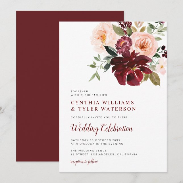 Invitation Aquarelle moderne bordeaux & mariage floral roux (Devant / Derrière)