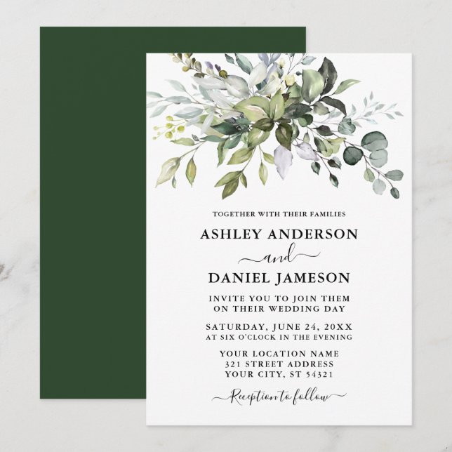 Invitation Aquarelle moderne Botanique Mariage de verdure (Devant / Derrière)