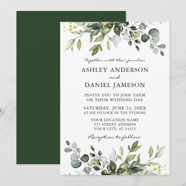 Invitation Aquarelle moderne Botanique Mariage de verdure (Devant / Derrière)