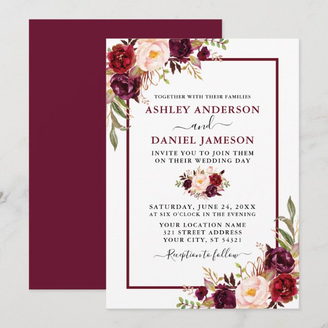 Invitation Aquarelle moderne Bourgogne Floral Mariage (Devant / Derrière)