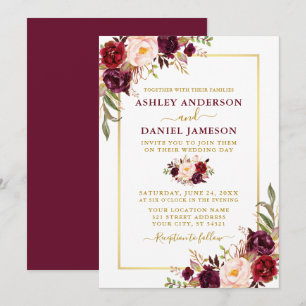 Invitation Aquarelle moderne Bourgogne Floral Mariage or