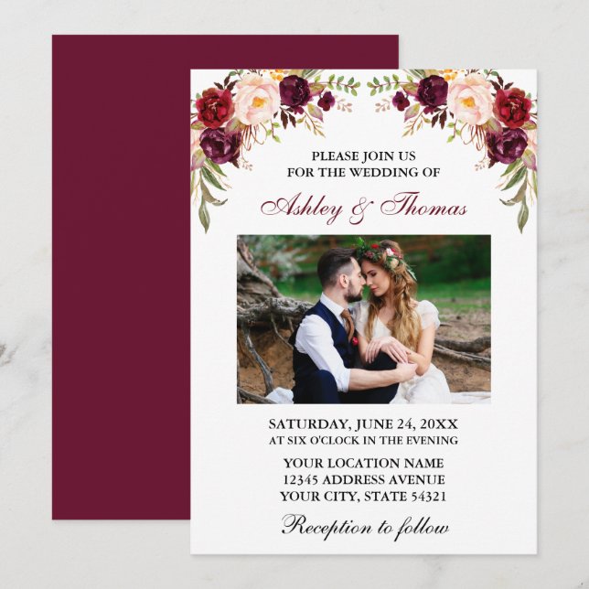 Invitation Aquarelle moderne Bourgogne Floral Mariage photo (Devant / Derrière)