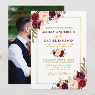 Invitation Aquarelle moderne Bourgogne Floral Mariage photo