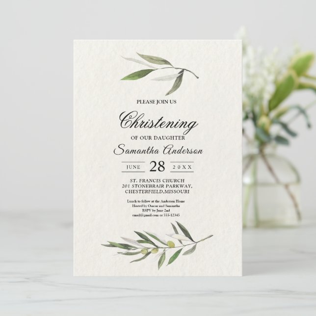 Invitation Aquarelle moderne Branche d'olive verte (Debout devant)