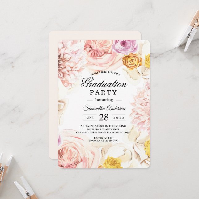 Invitation Aquarelle moderne Cadre floral coloré (Devant/Arrière en situation)