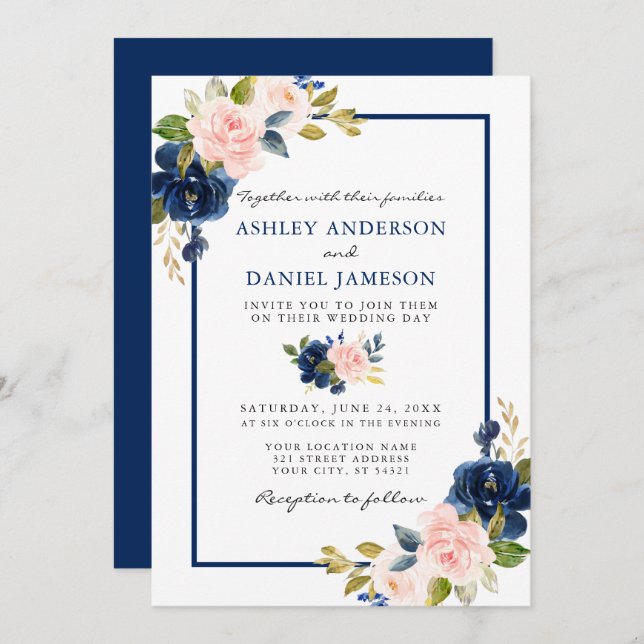Invitation Aquarelle moderne Classique Bleu rose Mariage Flor (Devant / Derrière)