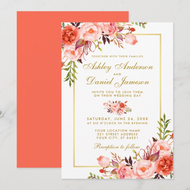 Invitation Aquarelle moderne Coral Floral Mariage or (Devant / Derrière)