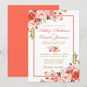 Invitation Aquarelle moderne Coral Floral Mariage or