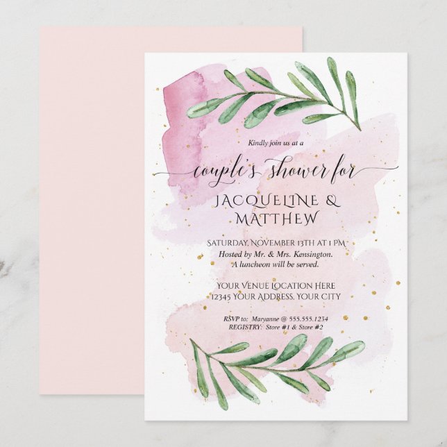 Invitation Aquarelle moderne Couples Douche Eucalyptus Feuill (Devant / Derrière)