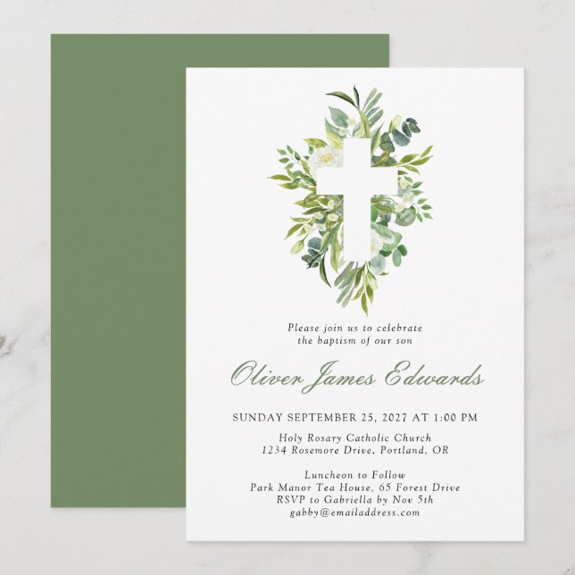 Invitation Aquarelle moderne Croix florale Sage vert Baptême (Devant / Derrière)