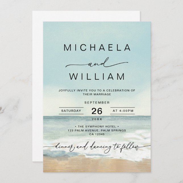 Invitation Aquarelle moderne Destination Mariage plage (Devant / Derrière)