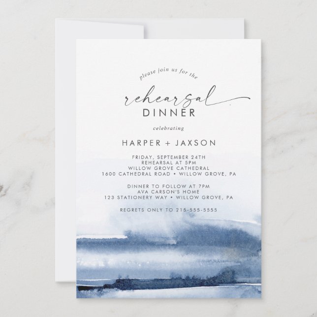 Invitation Aquarelle moderne | Dîner de répétition bleu (Devant)