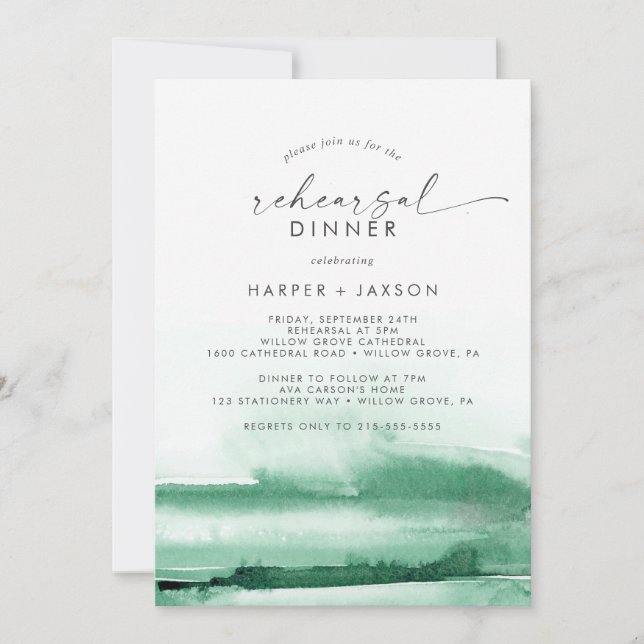 Invitation Aquarelle moderne | Dîner de répétition vert (Devant)