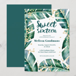 Invitation Aquarelle moderne en feuille tropicale or doux 16