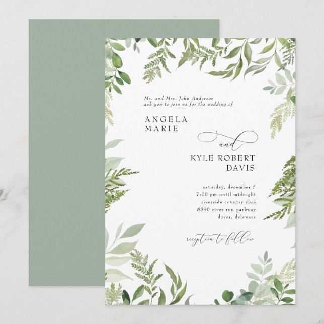 Invitation Aquarelle moderne Eucalyptus Parents Sage Mariage (Devant / Derrière)