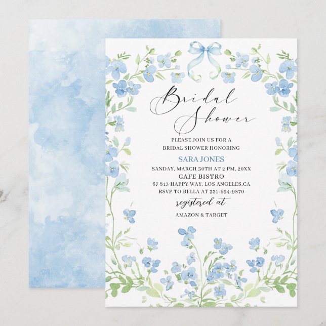 Invitation Aquarelle moderne Fête des mariées de fleurs bleue (Devant / Derrière)