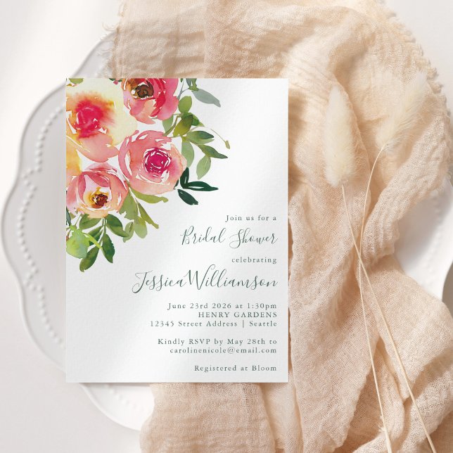 Invitation Aquarelle moderne Fête des mariées florale rose ro (Créateur téléchargé)