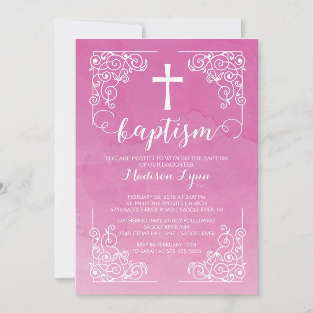 Invitation Aquarelle moderne Filles Baptême Croix de baptême (Devant)