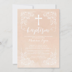 Invitation Aquarelle moderne Filles Baptême Croix de baptême