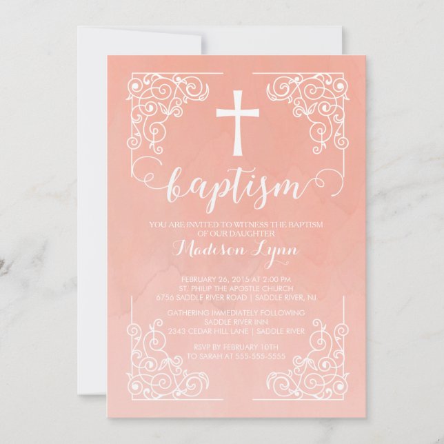 Invitation Aquarelle moderne Filles Baptême Croix de baptême (Devant)